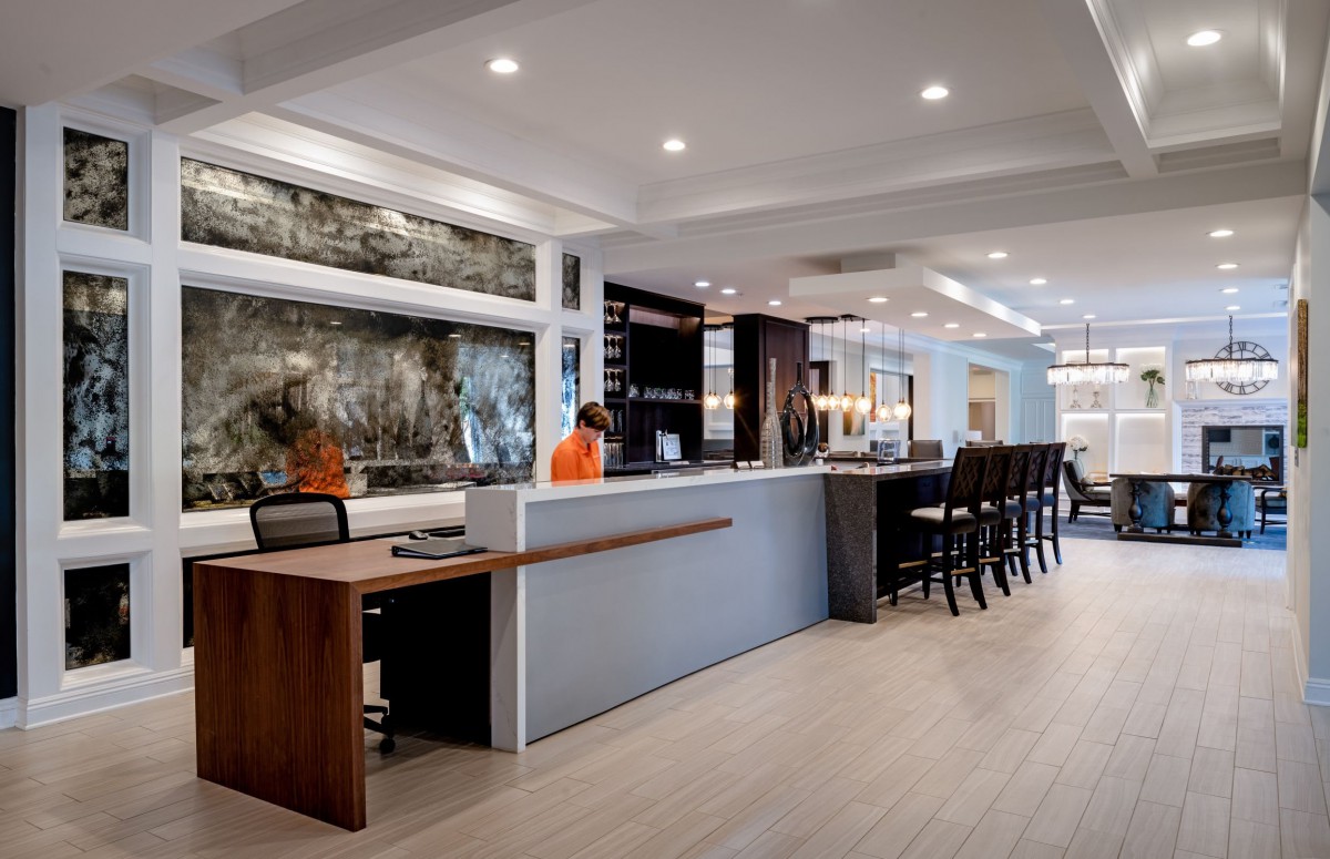 A modern and stylish reception area with contemporary design elements and seating options.