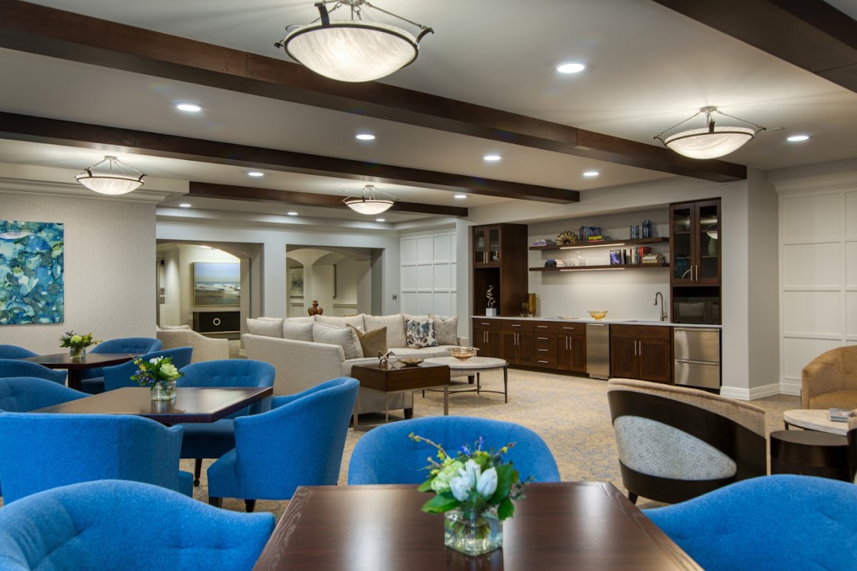 A modern living room with blue chairs and wood accents.