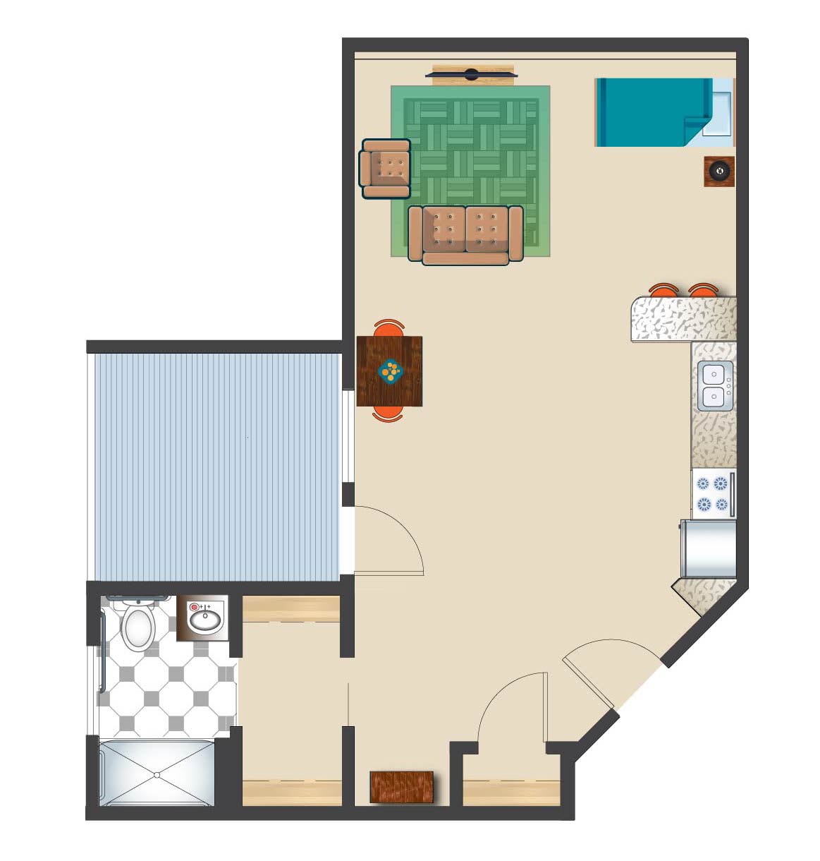 Studio apartment floor plan with a living area, kitchen, and bathroom.