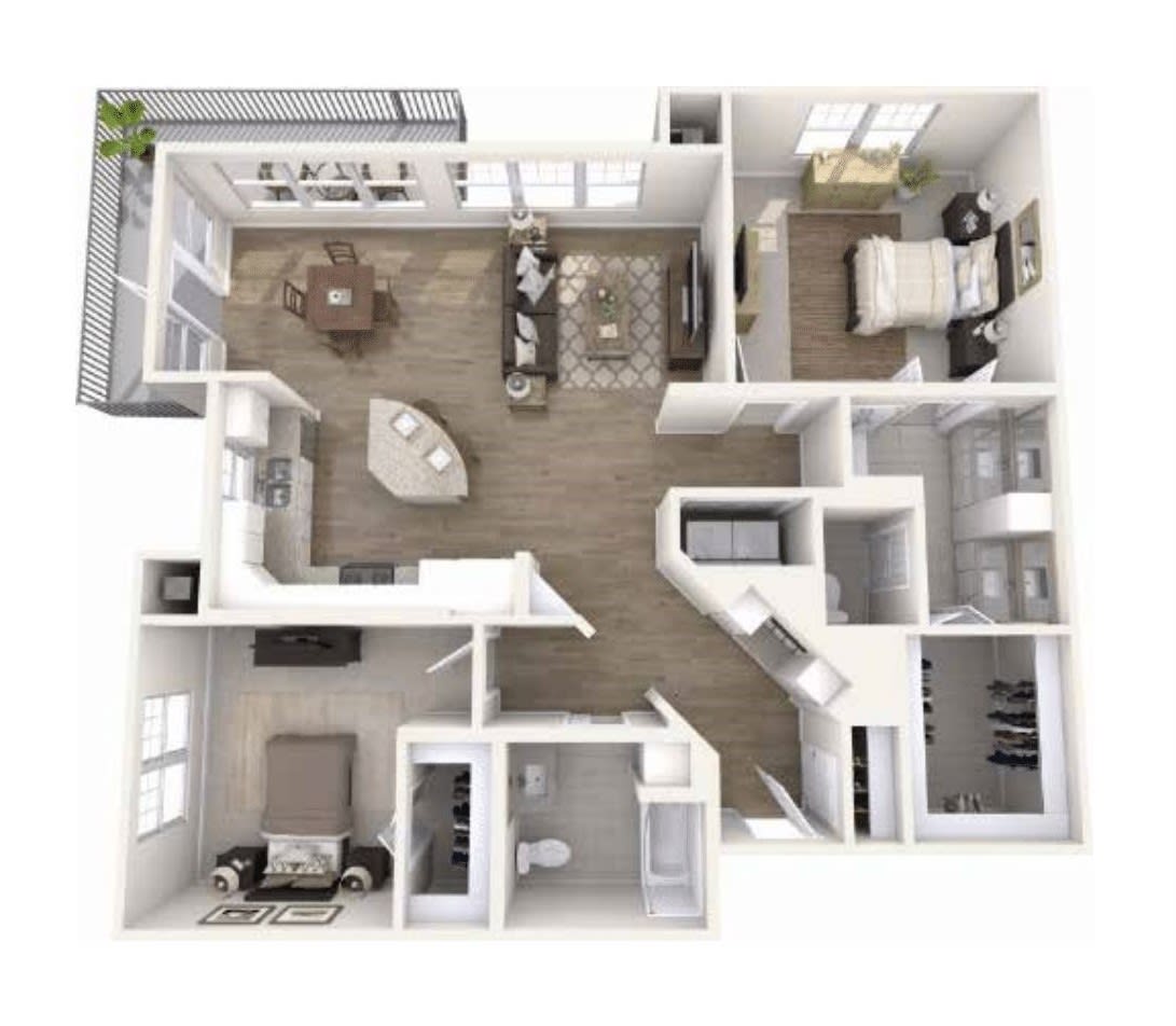 A detailed 3D floor plan of a modern apartment with multiple rooms.