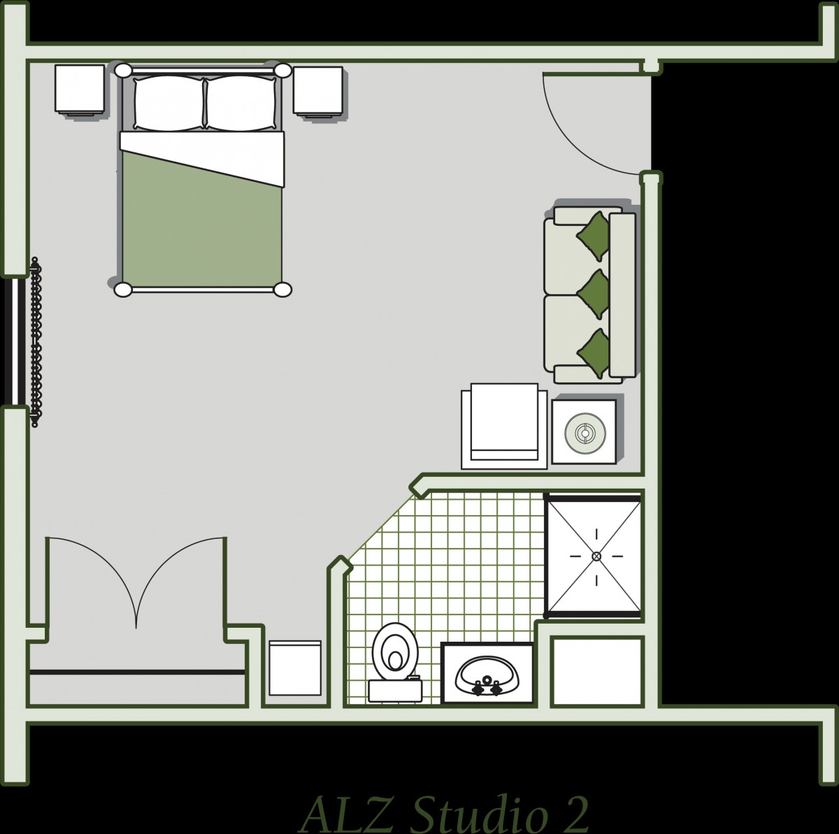A floor plan of a studio apartment featuring a combined living and sleeping area with a kitchenette and bathroom.
