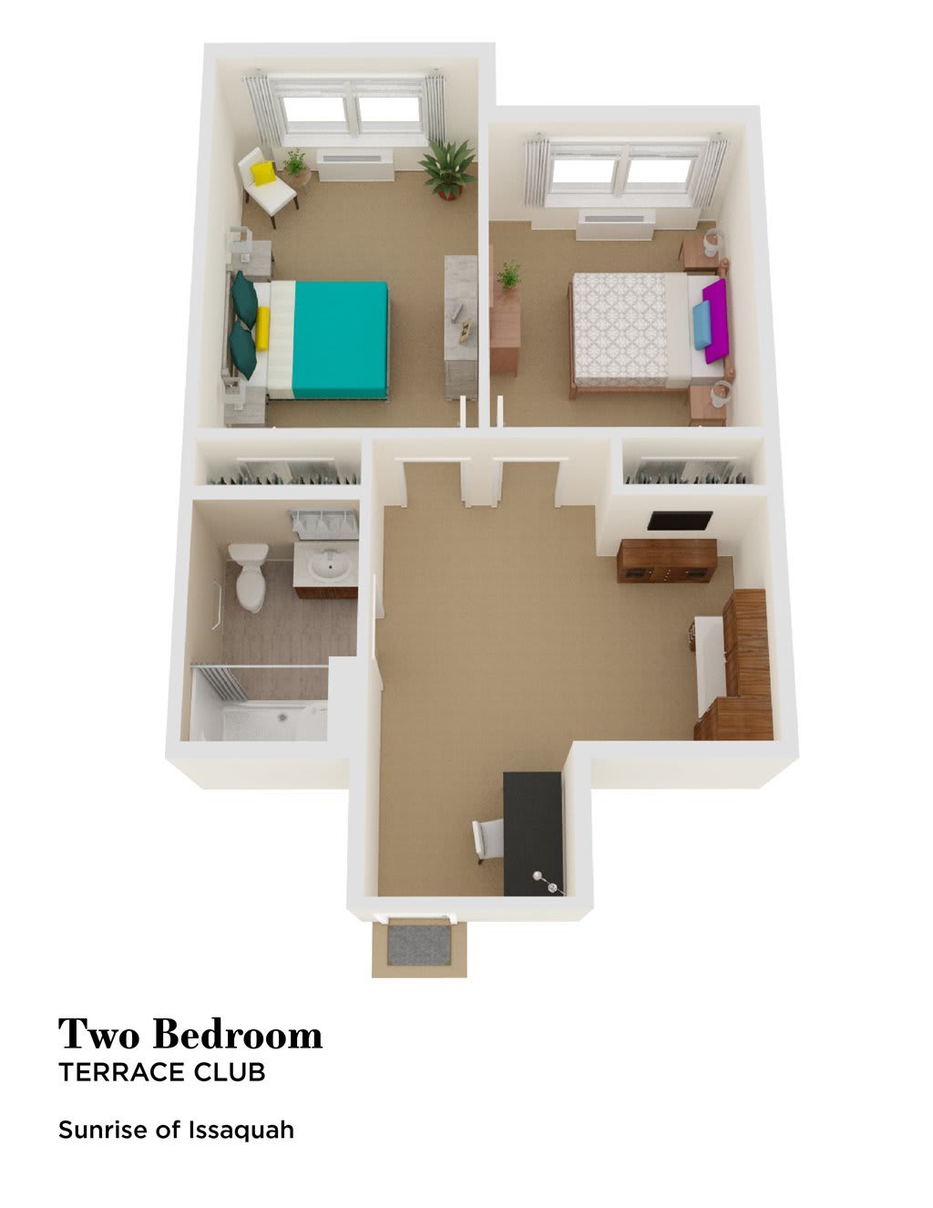 A 3D floor plan of a two-bedroom apartment.