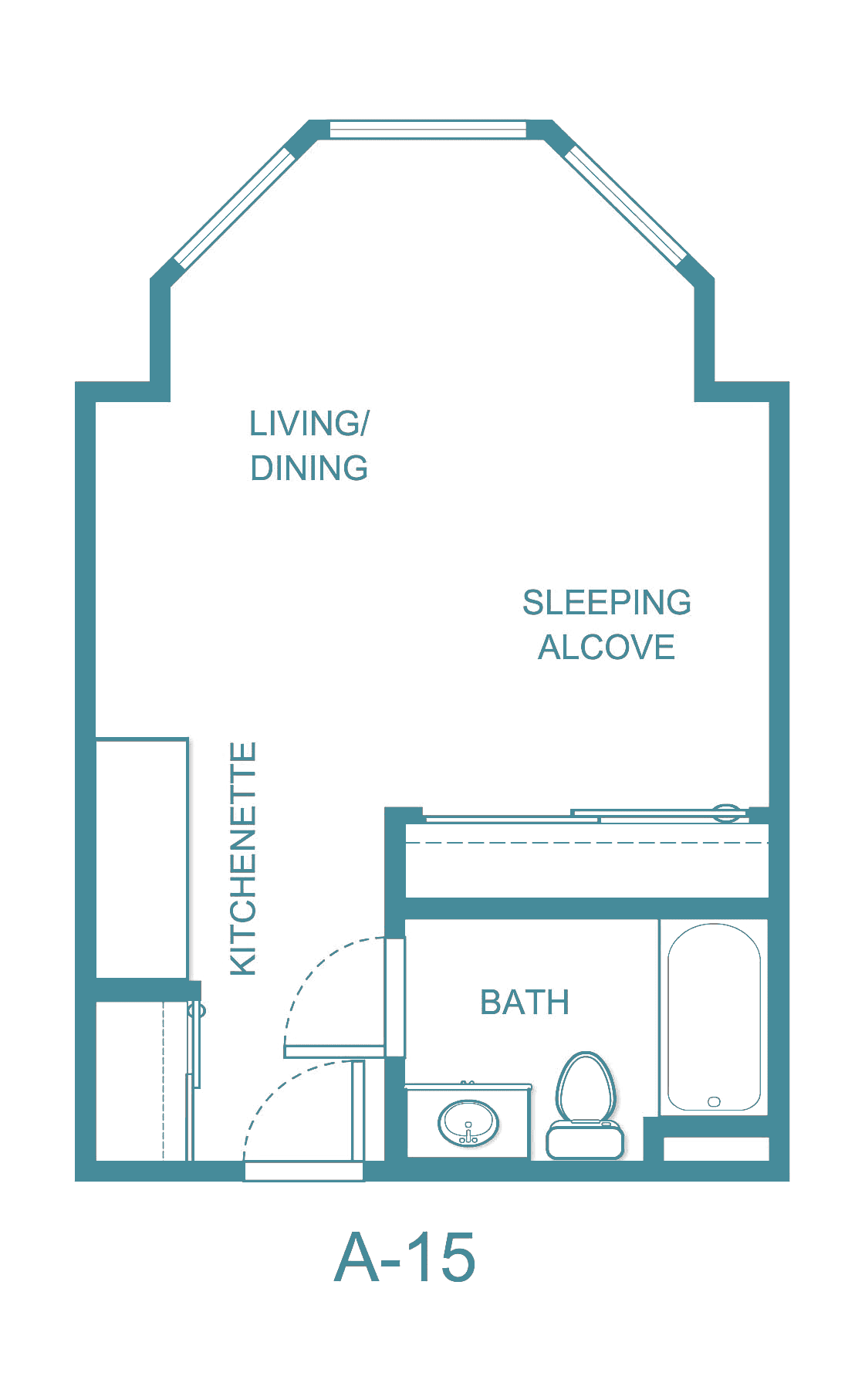Studio apartment floor plan with a living/dining area, kitchenette, sleeping alcove, and bathroom.
