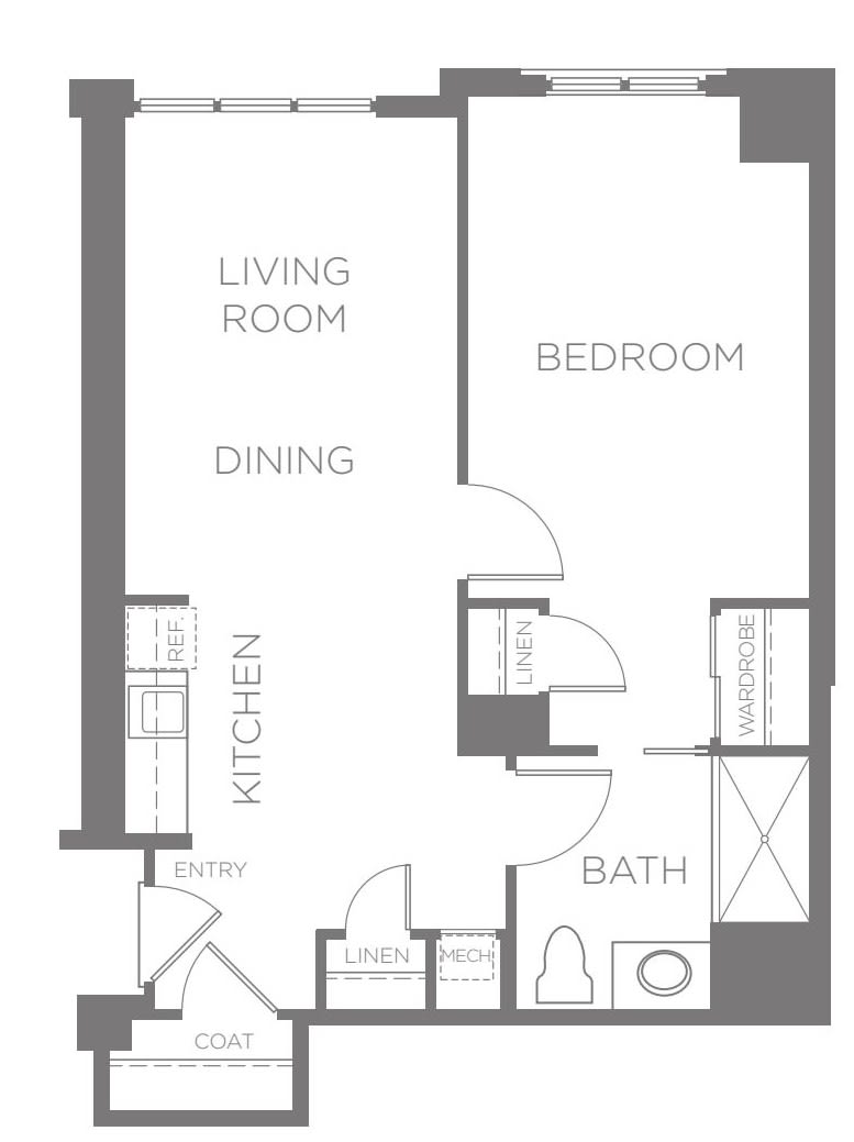 A floor plan of a one-bedroom apartment featuring a living room, dining area, kitchen, bathroom, and bedroom.