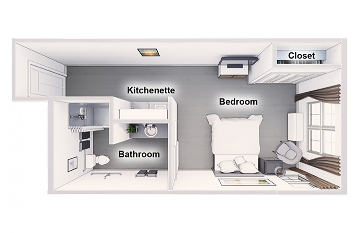 A compact studio apartment floor plan with designated areas for a kitchenette, bathroom, and bedroom.