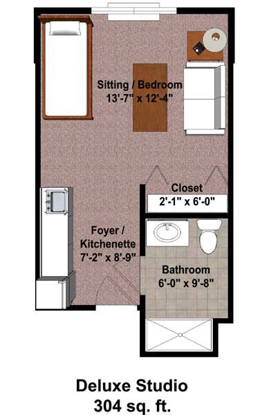Studio apartment floor plan featuring a sitting/bedroom area, kitchenette, closet, and bathroom.