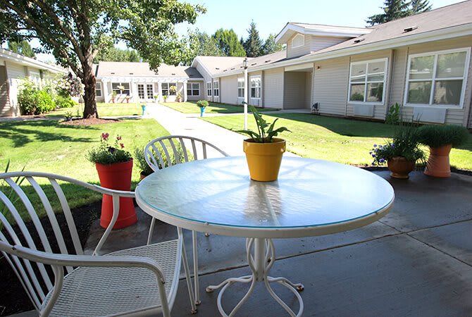 A sunny outdoor patio with a glass table, surrounded by potted plants and a well-maintained lawn in front of a building.