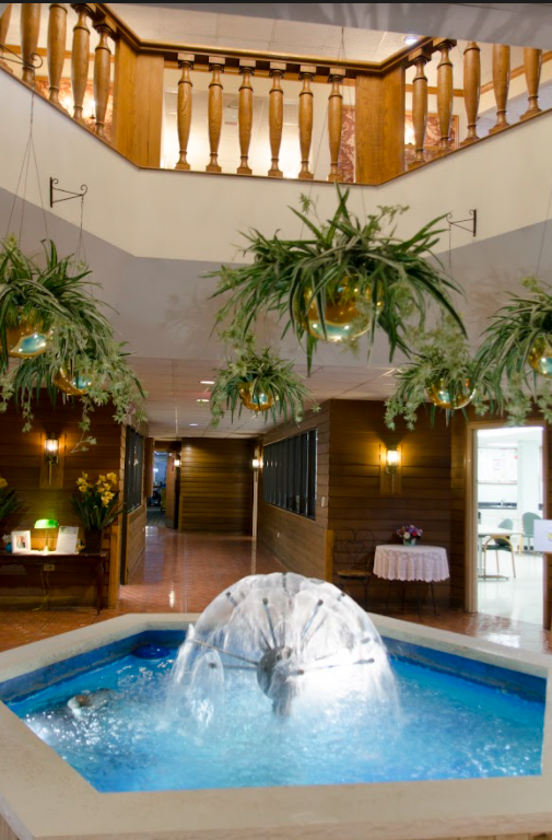 An elegant indoor setting featuring a central fountain surrounded by hanging plants and warm lighting.