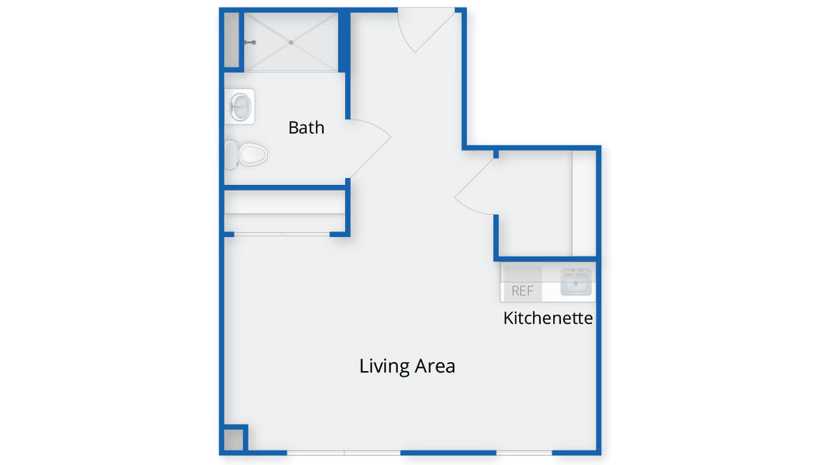 A floor plan layout for a studio apartment with a bath and kitchenette.