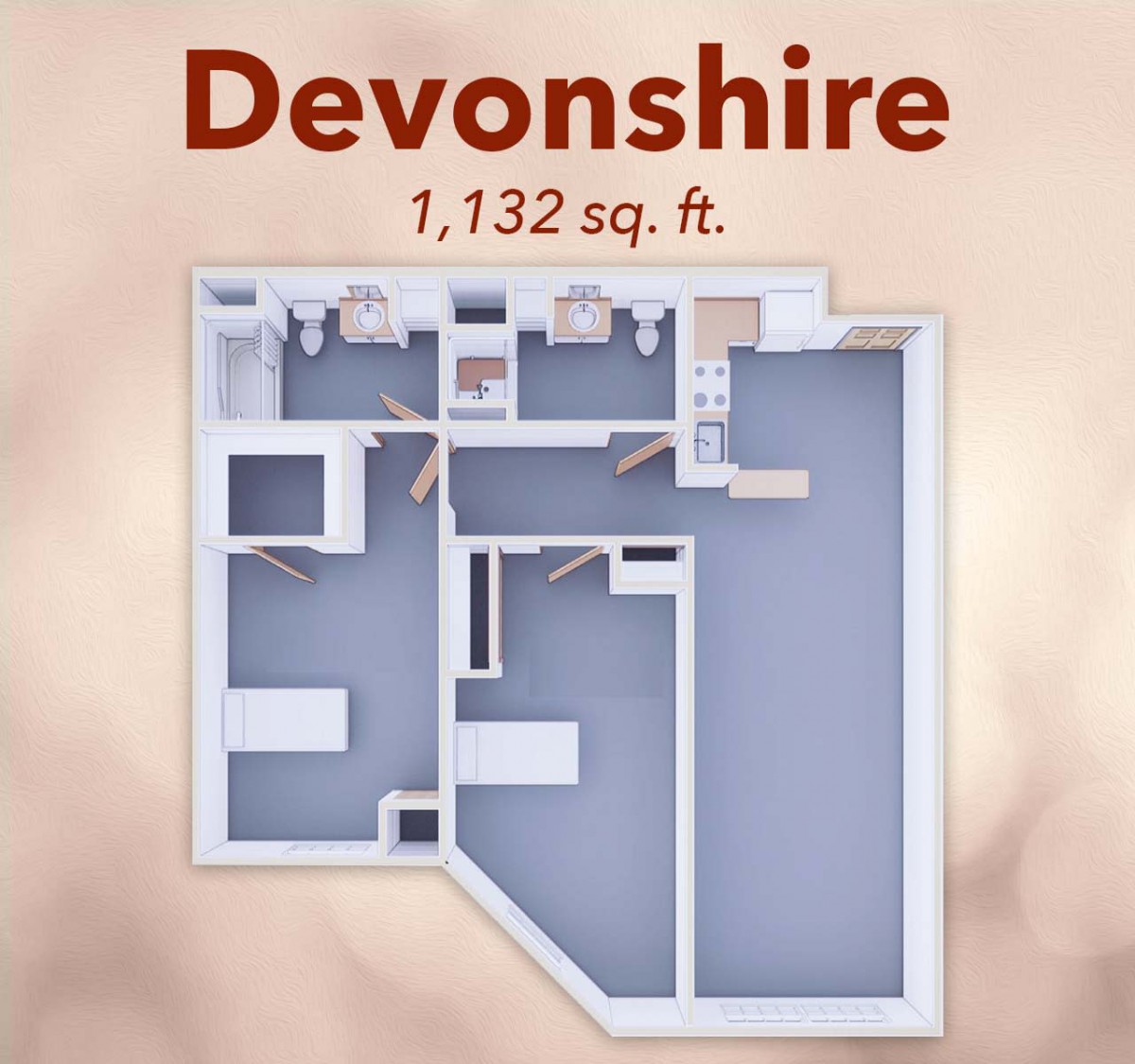 Floor plan of the Devonshire apartment, totaling 1,132 sq. ft.
