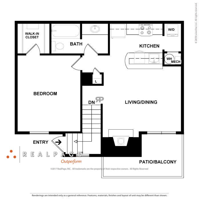 A floor plan of a one-bedroom apartment featuring a living room, kitchen, bathroom, and closet areas.