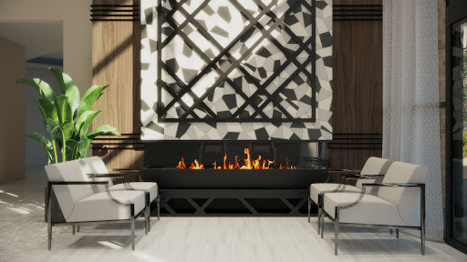 A stylish modern living room featuring a sleek fireplace and elegant seating.