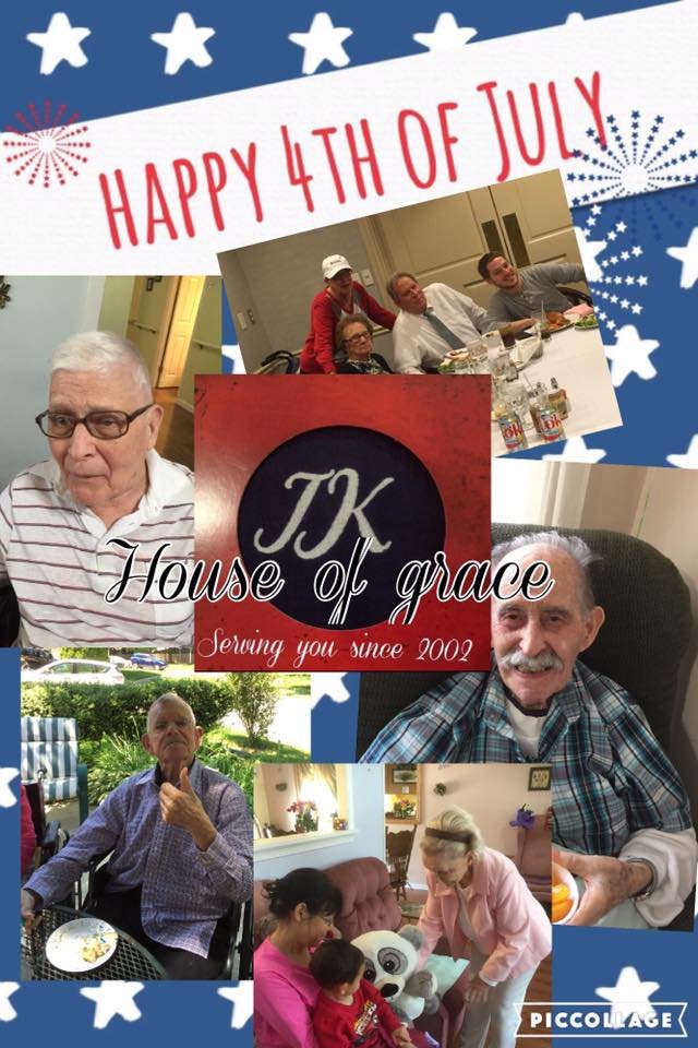 A collage capturing a cheerful 4th of July celebration at JK Homes of Grace, featuring residents enjoying the day.