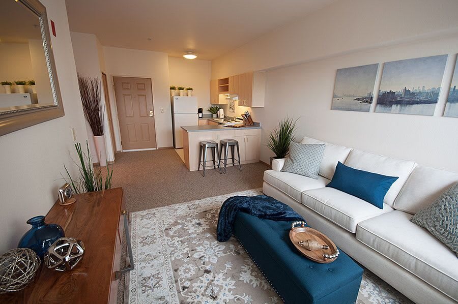 A modern apartment living room with stylish decor, featuring a kitchen area with bar stools.