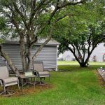 A tranquil backyard setting with trees and outdoor chairs on a lush lawn.
