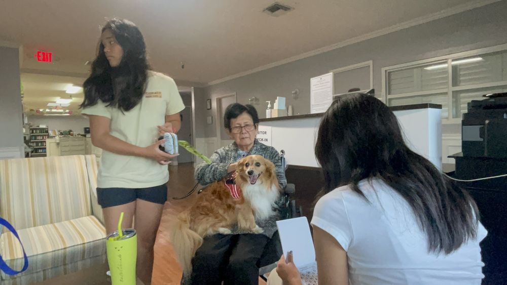 A group of people interacting indoors with a dog sitting on someone's lap.