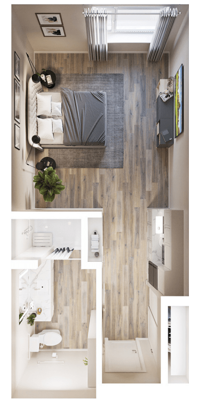 A modern apartment floor plan featuring a bedroom, kitchen, and bathroom with wood flooring.