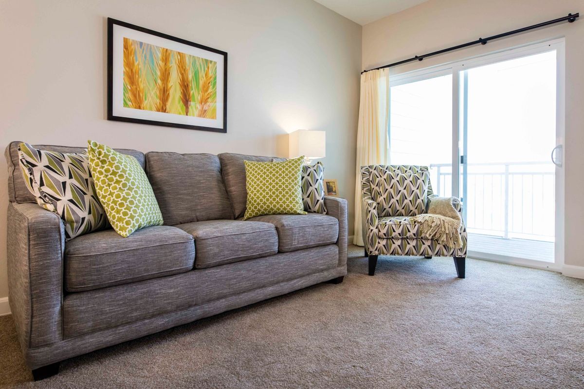 A modern living room with a grey sofa, patterned armchair, and decorative cushions.