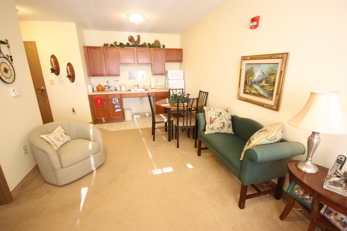 A cozy apartment living space with a kitchen and dining area.
