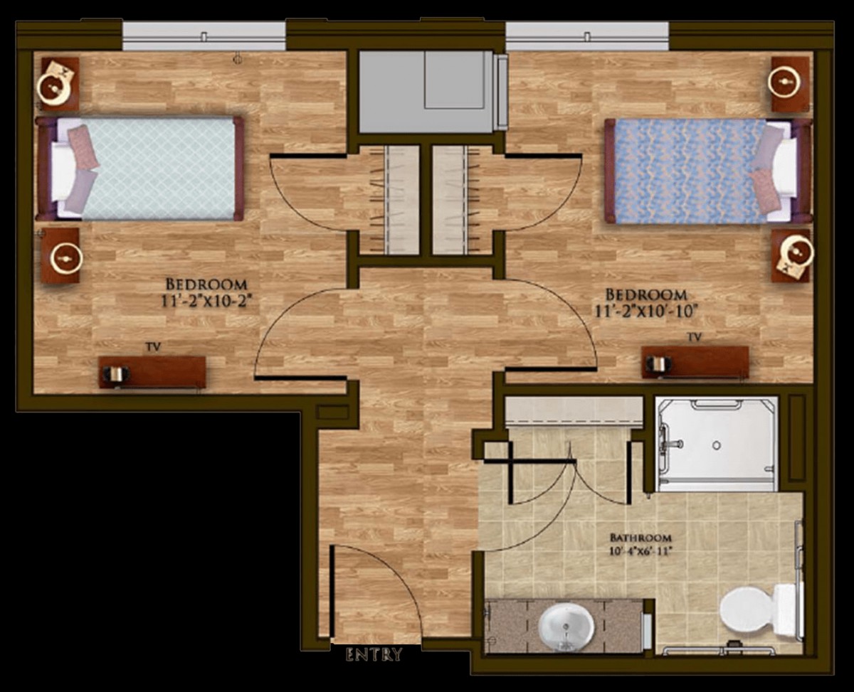 A floor plan of a two-bedroom apartment featuring a shared bathroom and labeled sleeping quarters.