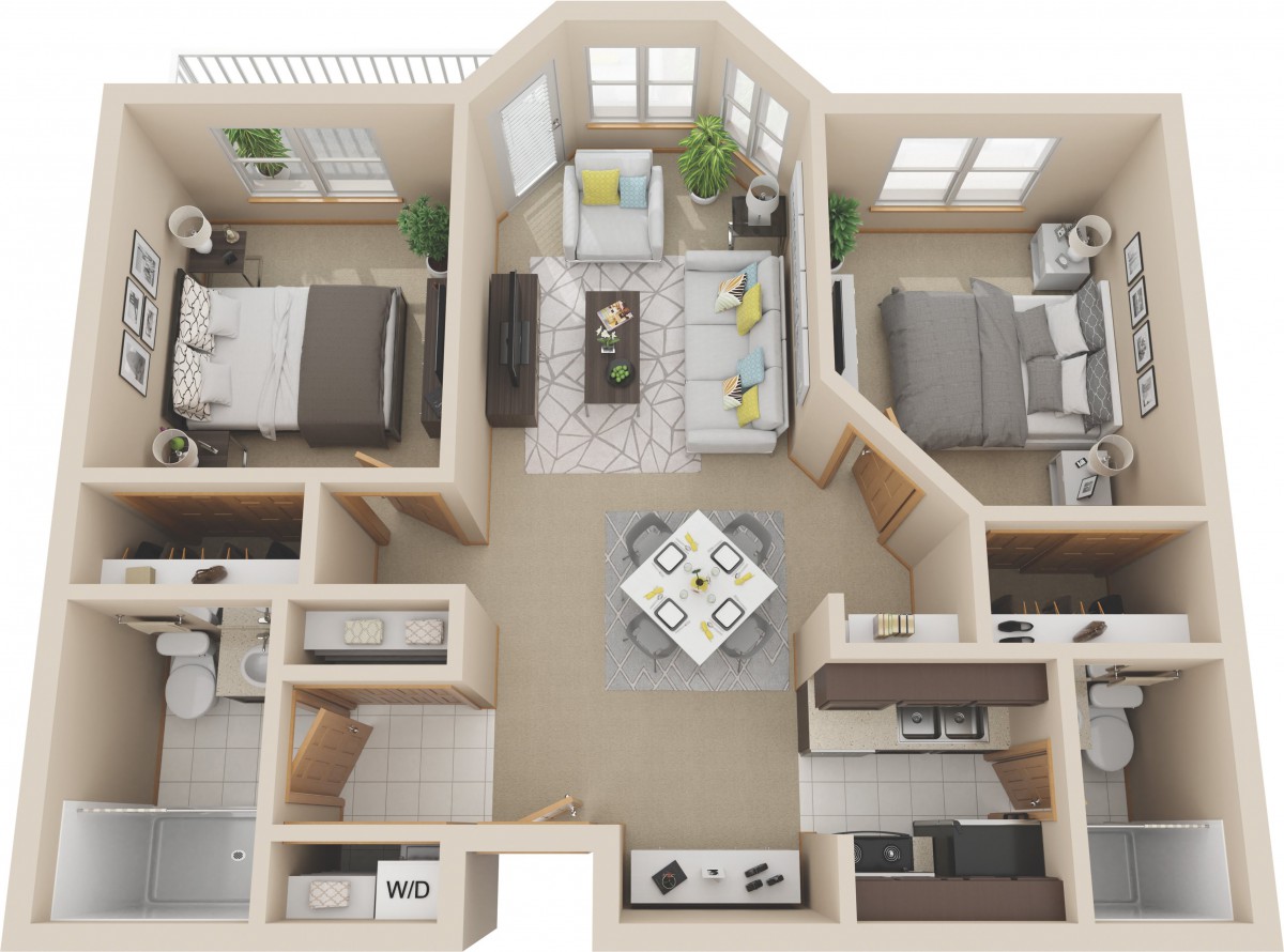 A 3D floor plan of an apartment featuring two bedrooms, a living room, kitchen, and two bathrooms.