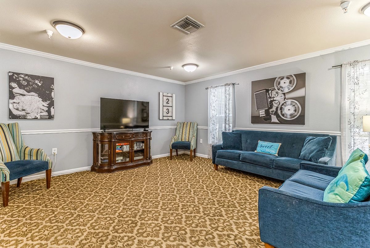 A cozy living room featuring a patterned carpet, blue couch, television, and stylish artwork on the wall.