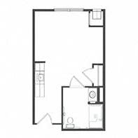 A simple floor plan of a small apartment with designated living spaces.