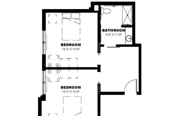A blueprint showing the layout of a two-bedroom apartment with dimensions for each room.