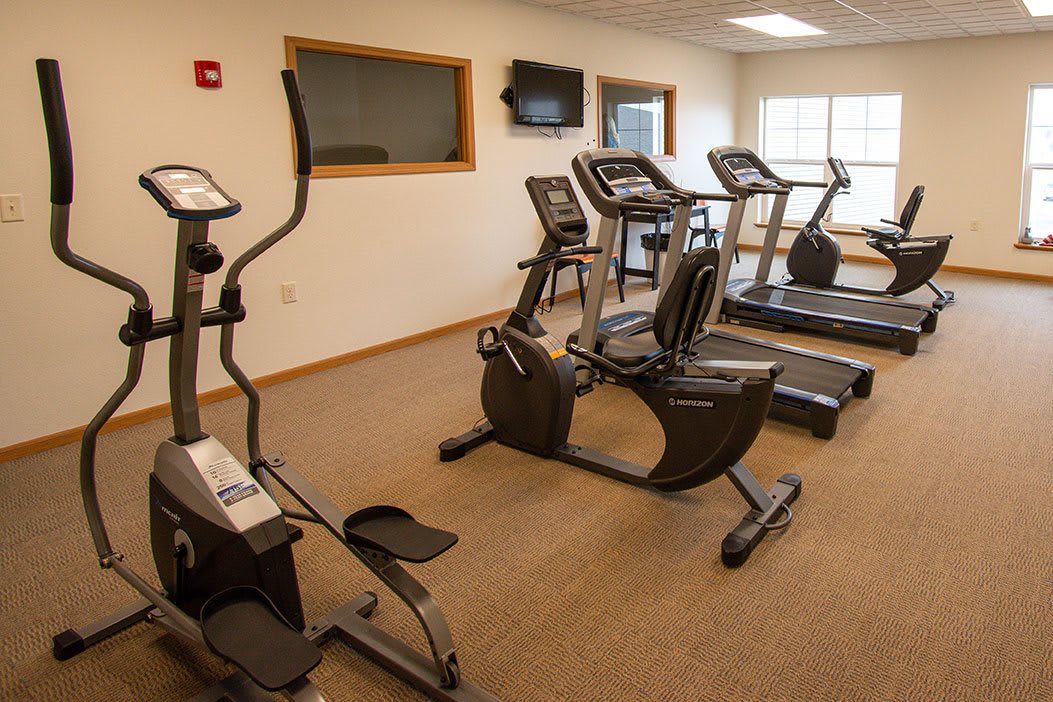 A small gym featuring various cardio machines, including treadmills, an elliptical, and a stationary bike.