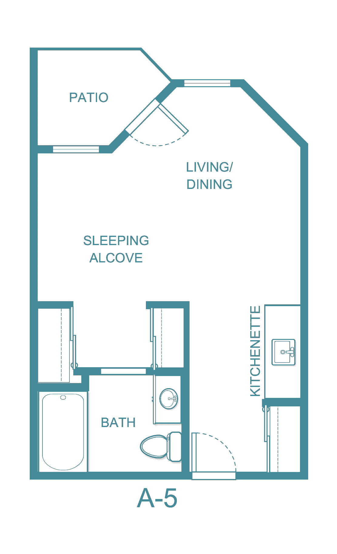 A floor plan of a studio apartment featuring a sleeping alcove, living/dining area, kitchenette, and bathroom.