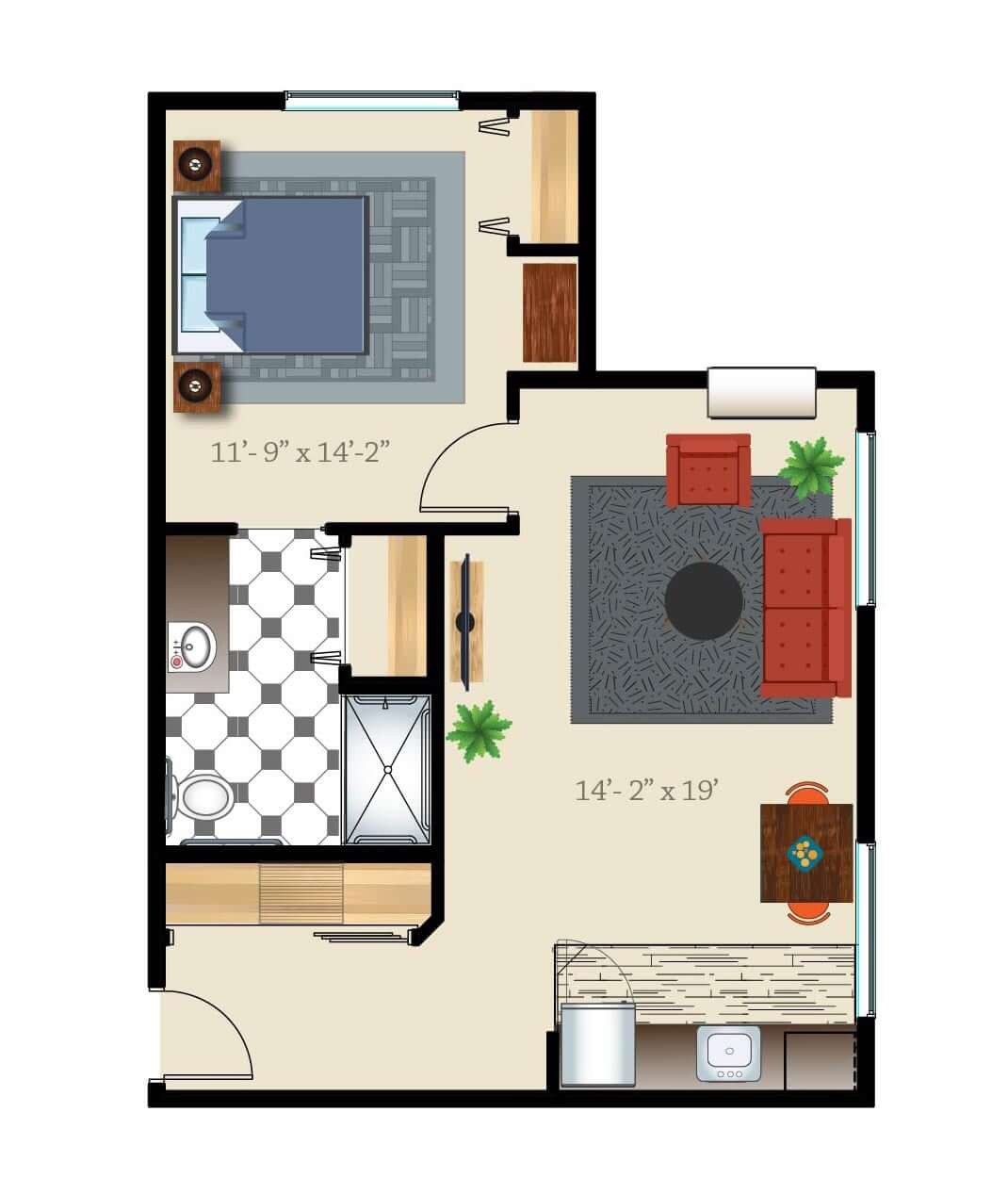 A floor plan of a one-bedroom apartment featuring a living room, kitchen, bedroom, and bathroom.