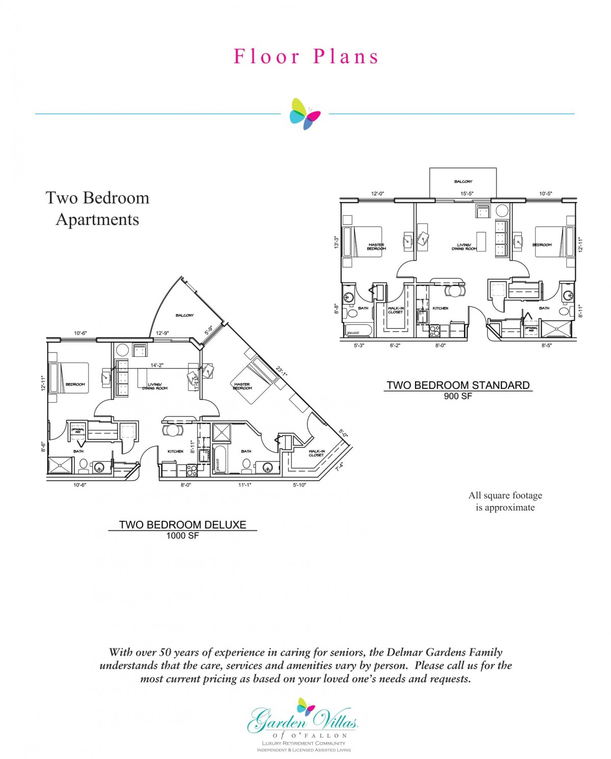 Blueprints of a two-bedroom apartment showcasing the first and second floor layouts.