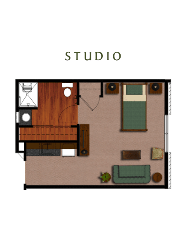 Studio apartment floor plan showing a compact living space with a bed, sitting area, and kitchen.