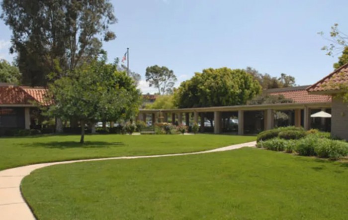 A serene garden with a lush green lawn and surrounding trees, featuring a curving pathway under a clear blue sky.