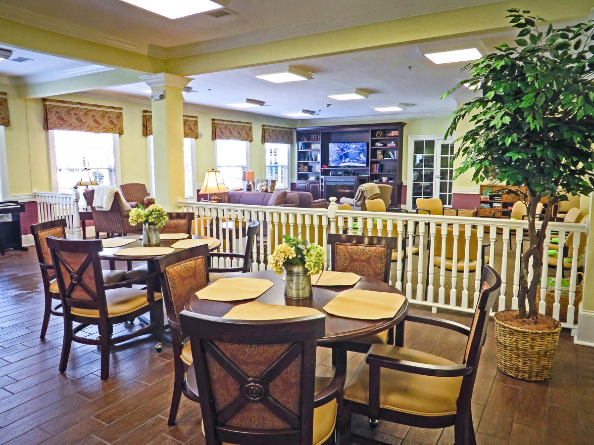 A cozy dining and lounge area with arranged tables and chairs, surrounded by bright decor and indoor plants.