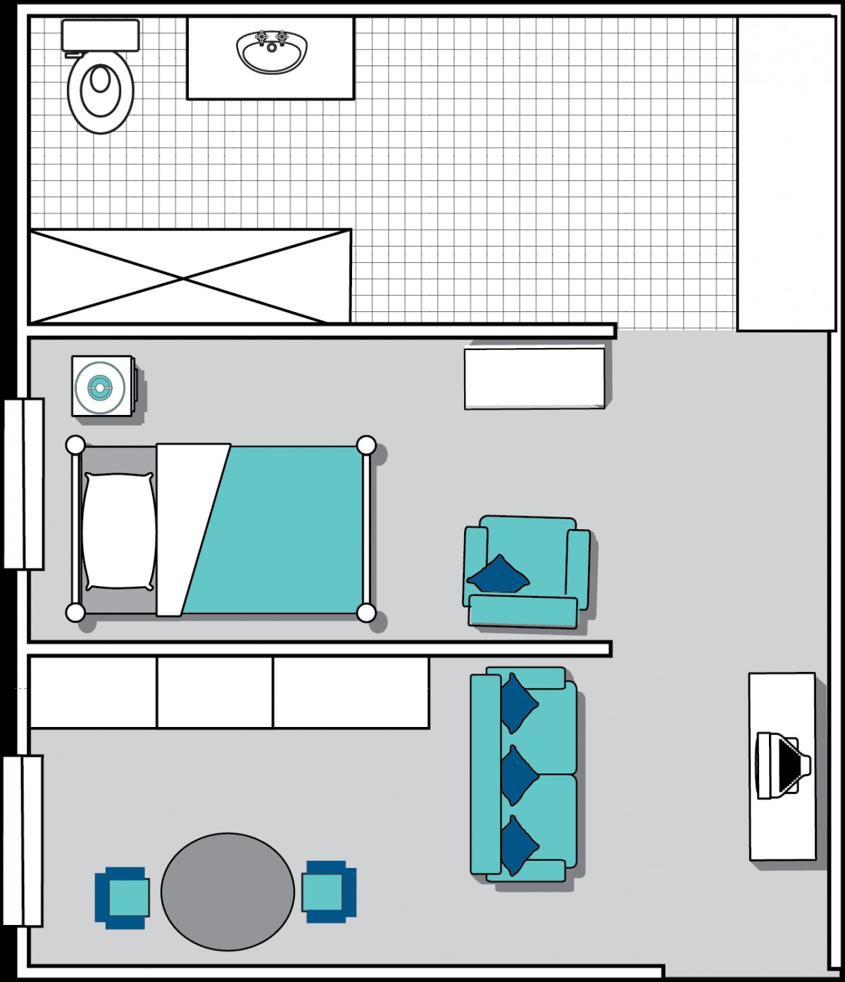 A floor plan of a studio apartment featuring a combined living and sleeping area, kitchenette, and bathroom.