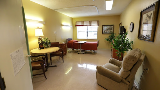 A cozy and well-lit hospital patient room featuring a bed, seating area, and plants for a calming atmosphere.