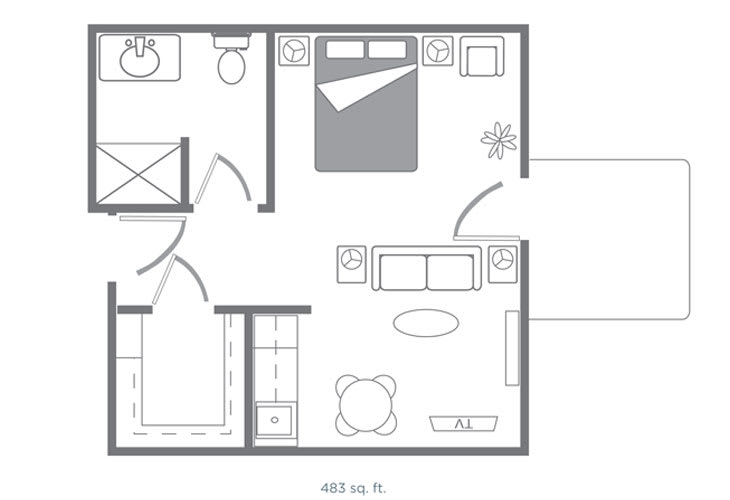 A one-bedroom apartment floor plan featuring a bedroom, bathroom, and living room with furniture layout.