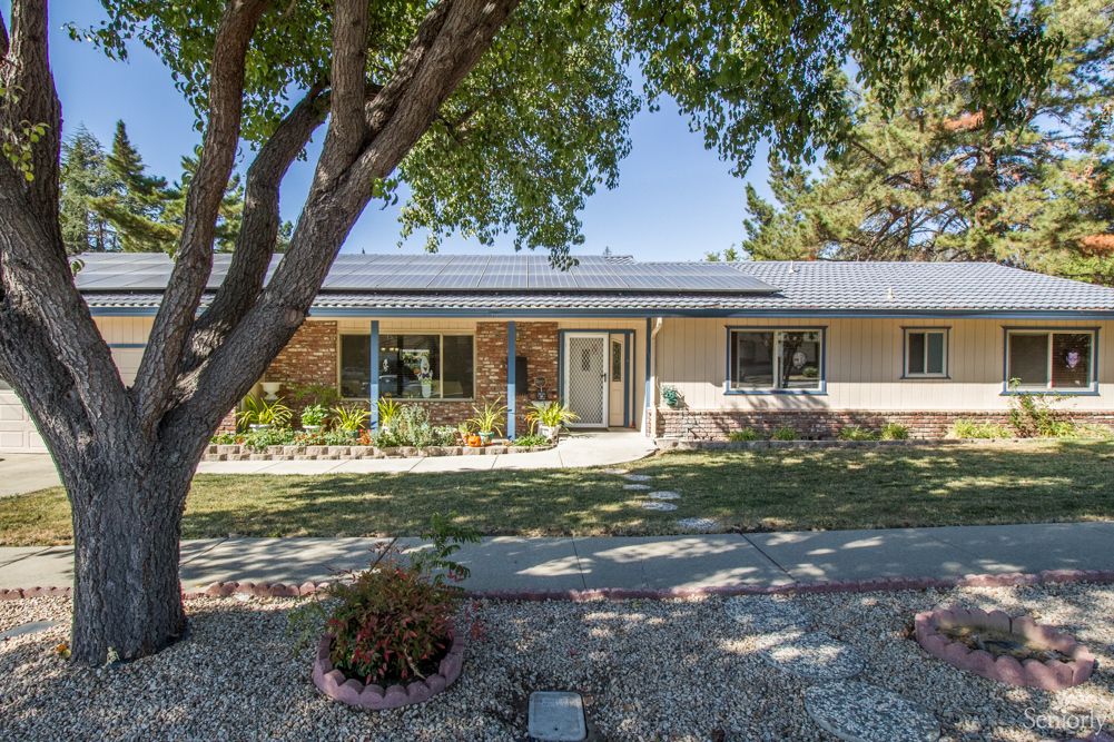 A suburban house with a well-maintained front yard and a large tree providing shade.