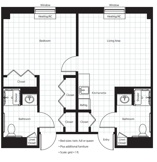A floor plan depicting a two-unit apartment layout with bedrooms, bathrooms, and living areas.