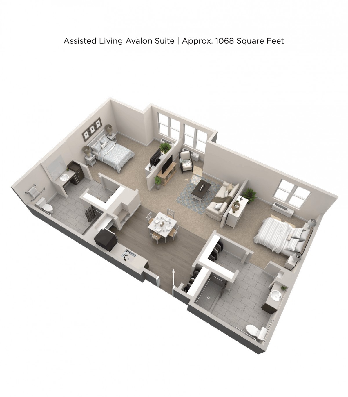 3D floor plan of an assisted living apartment featuring two bedrooms, a kitchen, bathroom, and living area.