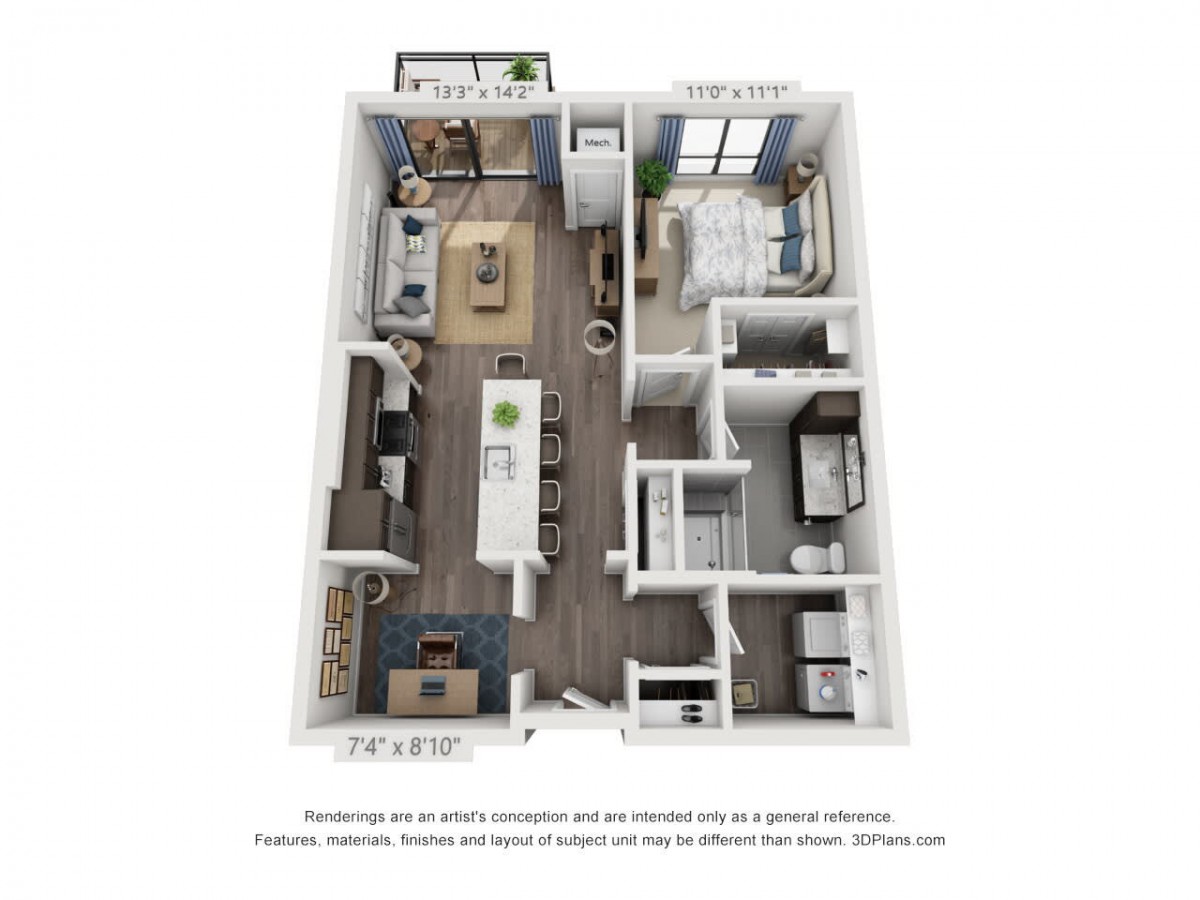 A 3D-rendered floor plan of a modern apartment, showcasing an open living space, kitchen, bedroom, and bathroom layout.
