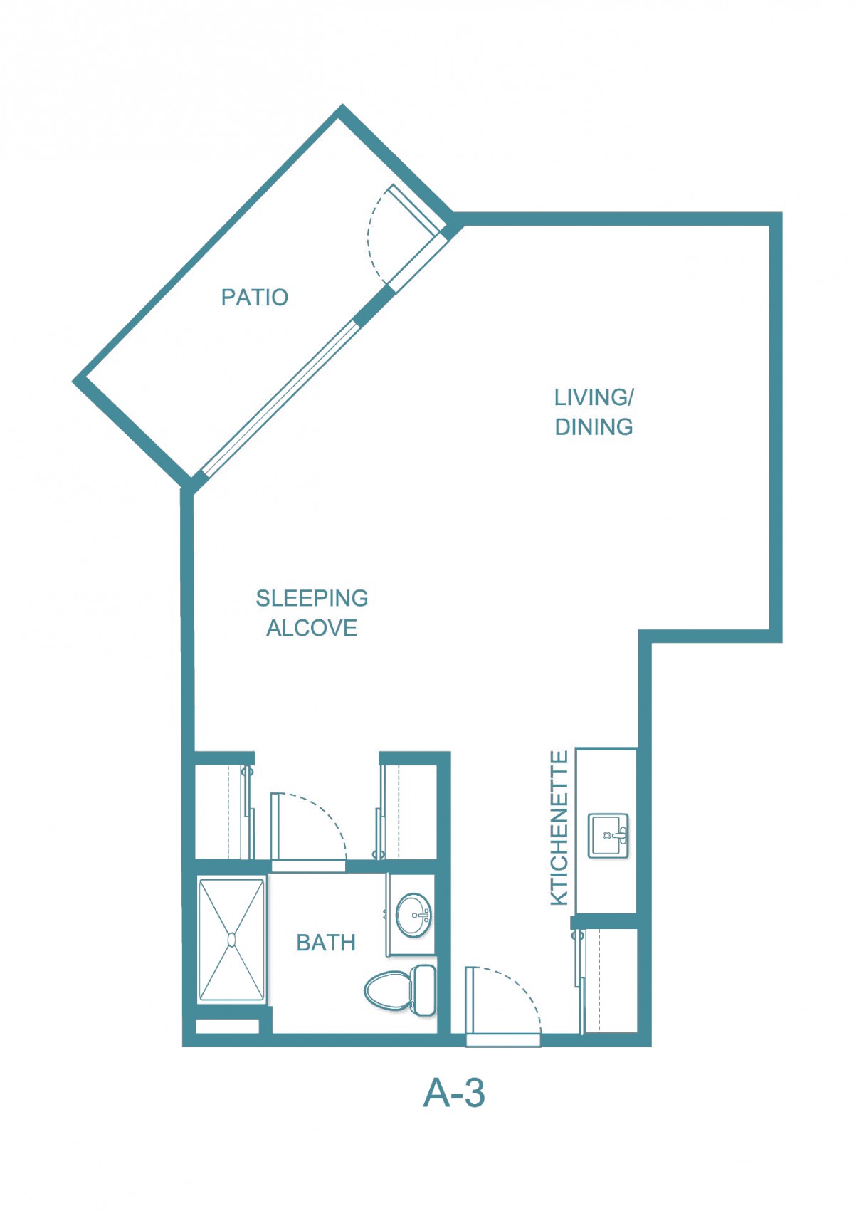 Studio apartment floor plan with living/dining area, sleeping alcove, kitchen, bathroom, and patio.
