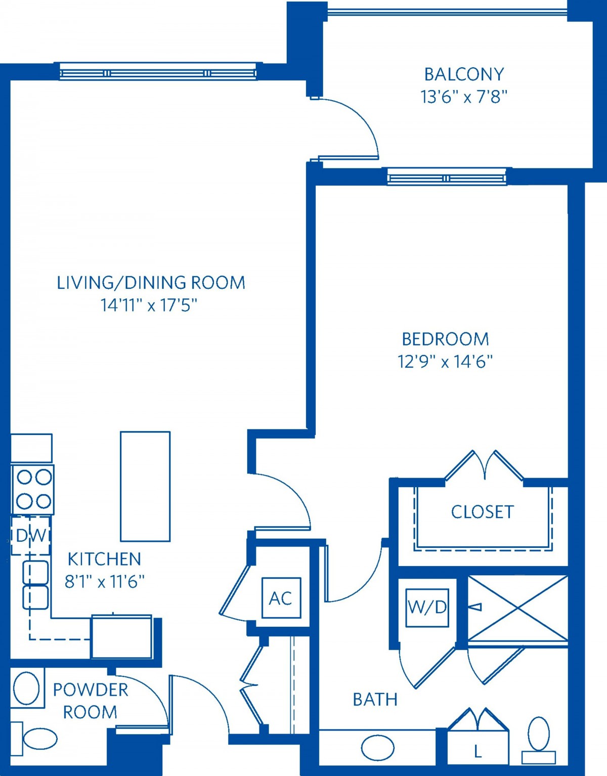 This image shows a floor plan of a one-bedroom apartment, featuring a kitchen, living/dining room, and a closet.