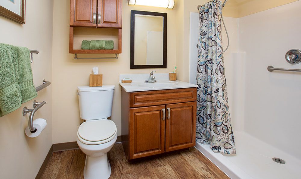 A well-organized bathroom with a toilet, sink, and shower area featuring wooden cabinetry.