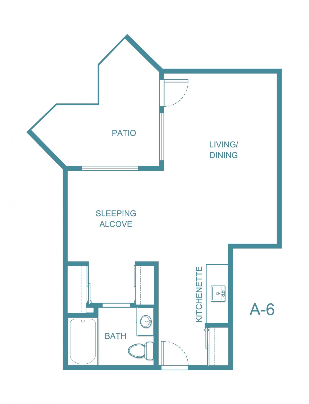 A floor plan layout of a one-bedroom apartment.