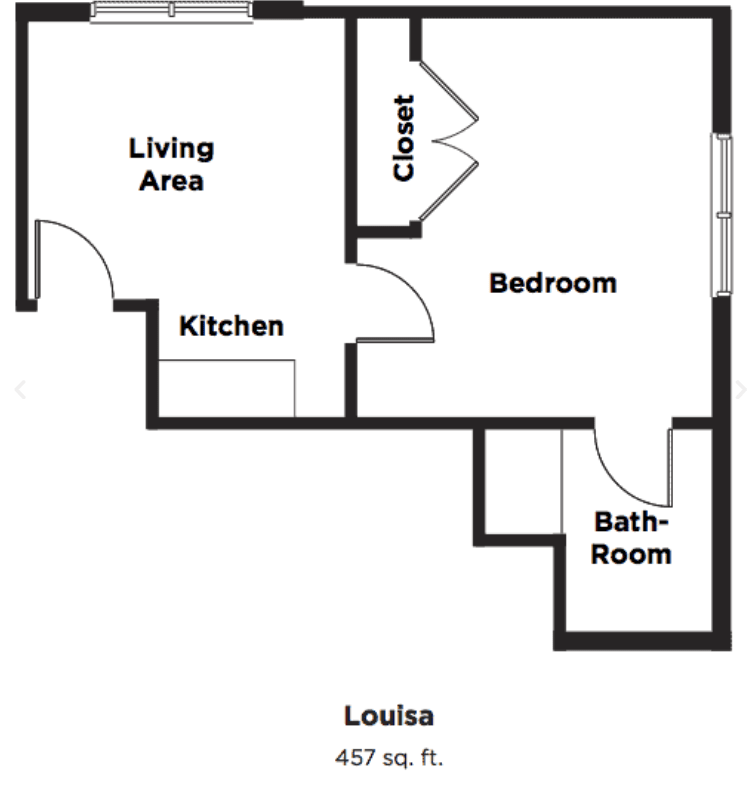 A floor plan of a one-bedroom apartment labeled 'Louisa' with a total area of 457 sq. ft.