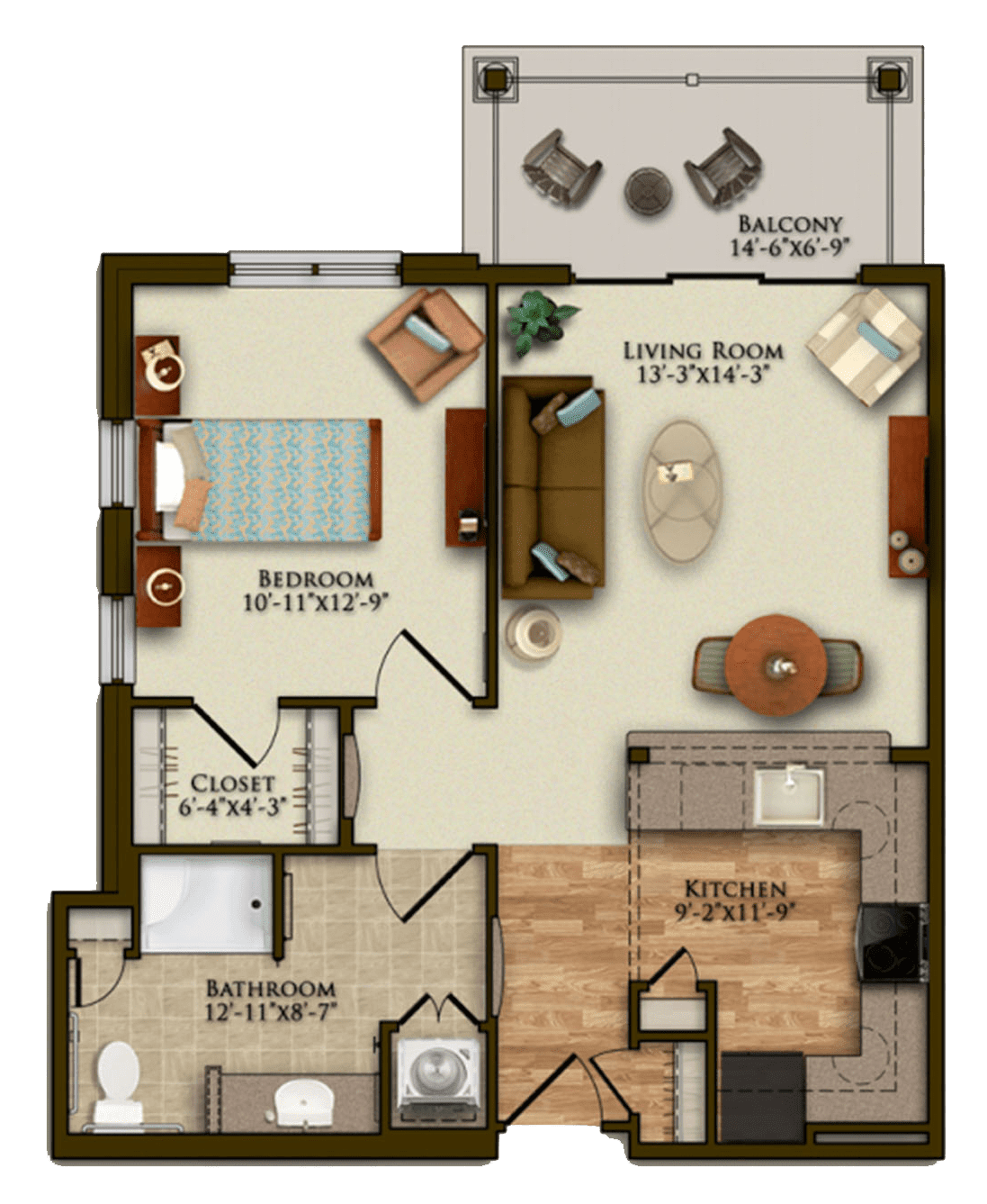A detailed floor plan of a one-bedroom apartment, featuring a living room, kitchen, bathroom, and balcony.