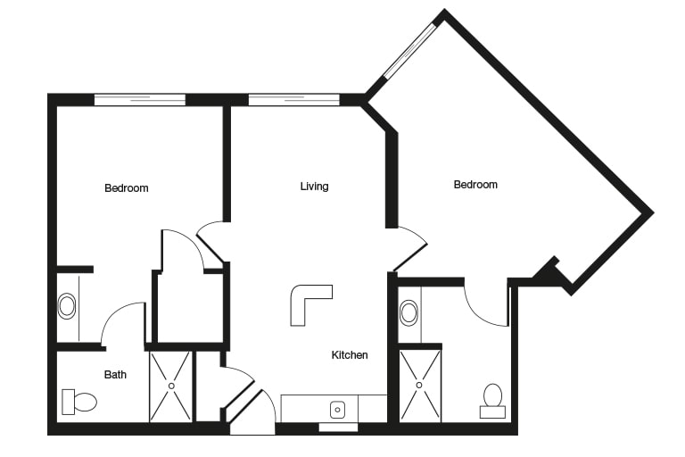 A floor plan of an apartment with two bedrooms, a living room, kitchen, and bathroom.