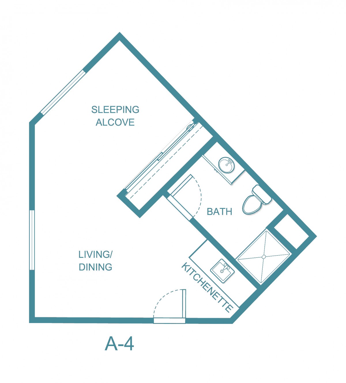Studio apartment floor plan with a sleeping alcove and living area.